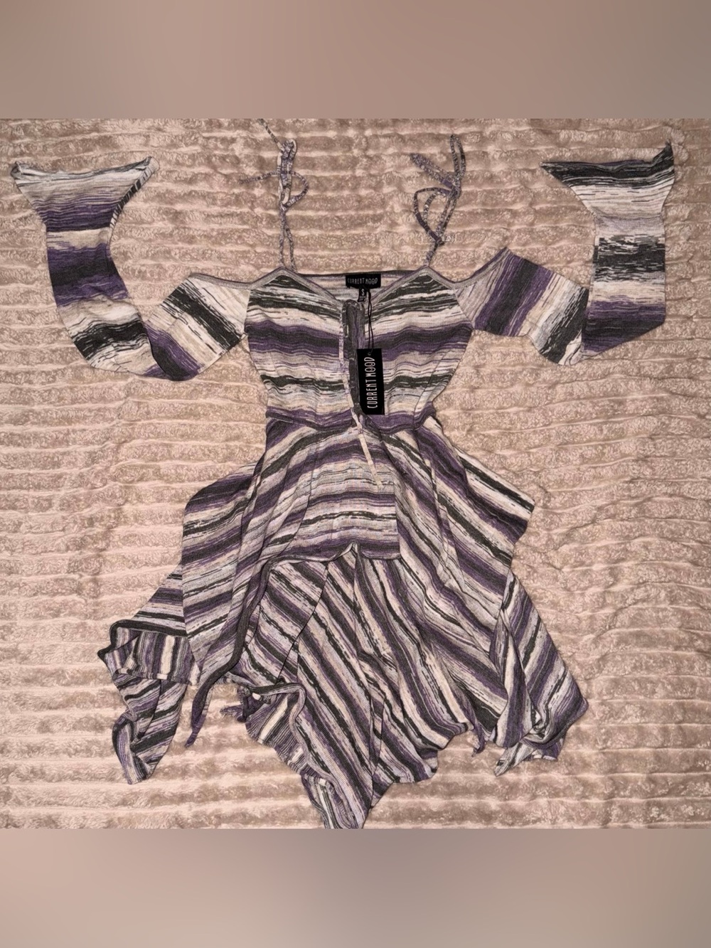 Current Mood Striped Cold-Shoulder Midi Dress in Purple, White and Gray